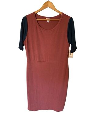 LuLaRoe Brick Red Midi Dress with Black Sleeves